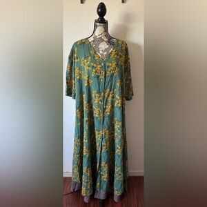 Floryday Cotton Maxi Button Up dress in Green with yellow flowers- XXL NWT